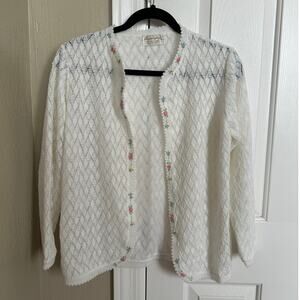 Vintage‎ 60s 70s Dayne Taylor Cardigan Sweater White Floral Embroidered Japan